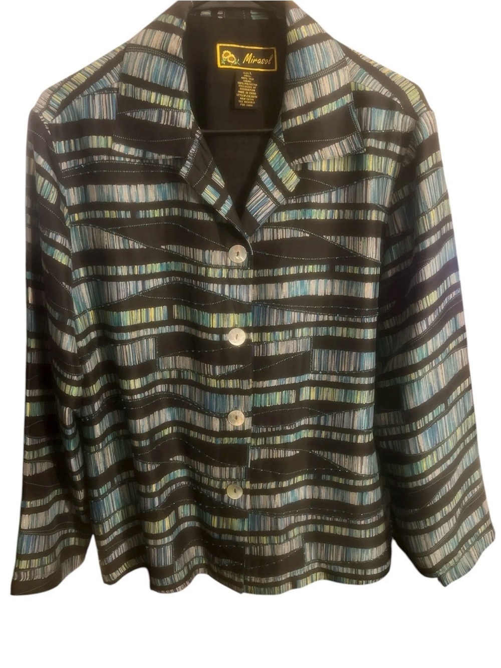 Mirasol 100% silk button-front jacket with an abstract striped pattern in black,